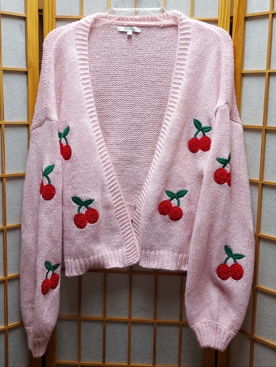 Love Tree Sweaters - 🍒 Cherry Embroidered Pink Open Front Cardigan Sweater Womens L Or OS Juniors XL